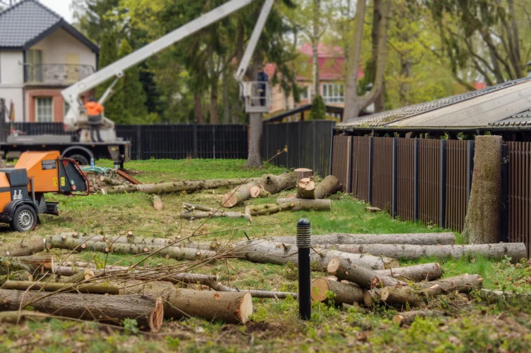 Tree service professional trimming and pruning mature trees at a residential property